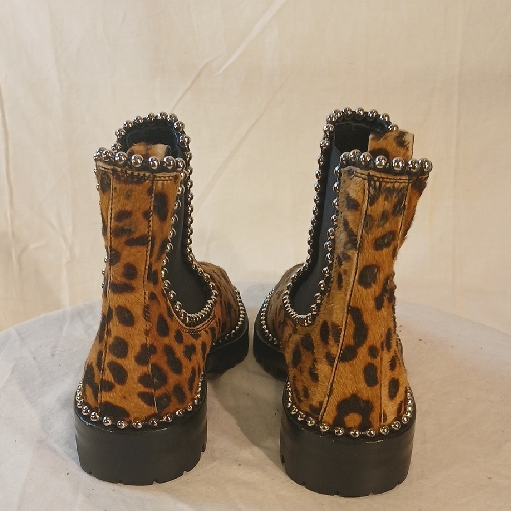 Stunning Alexander Wang Brown & Black Leapard Print Calf Fur Studded Booties - Picture 6 of 16